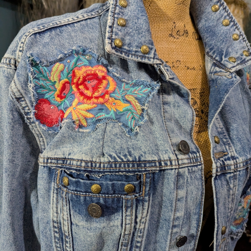 Embroidered Denim Jacket with Ruffle Hem - Picture 9 of 15